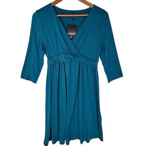 Kohl's Blue Stretchy V-Neck Dress 3/4 Sleeve Elastic Waist Womens Size Small NWT